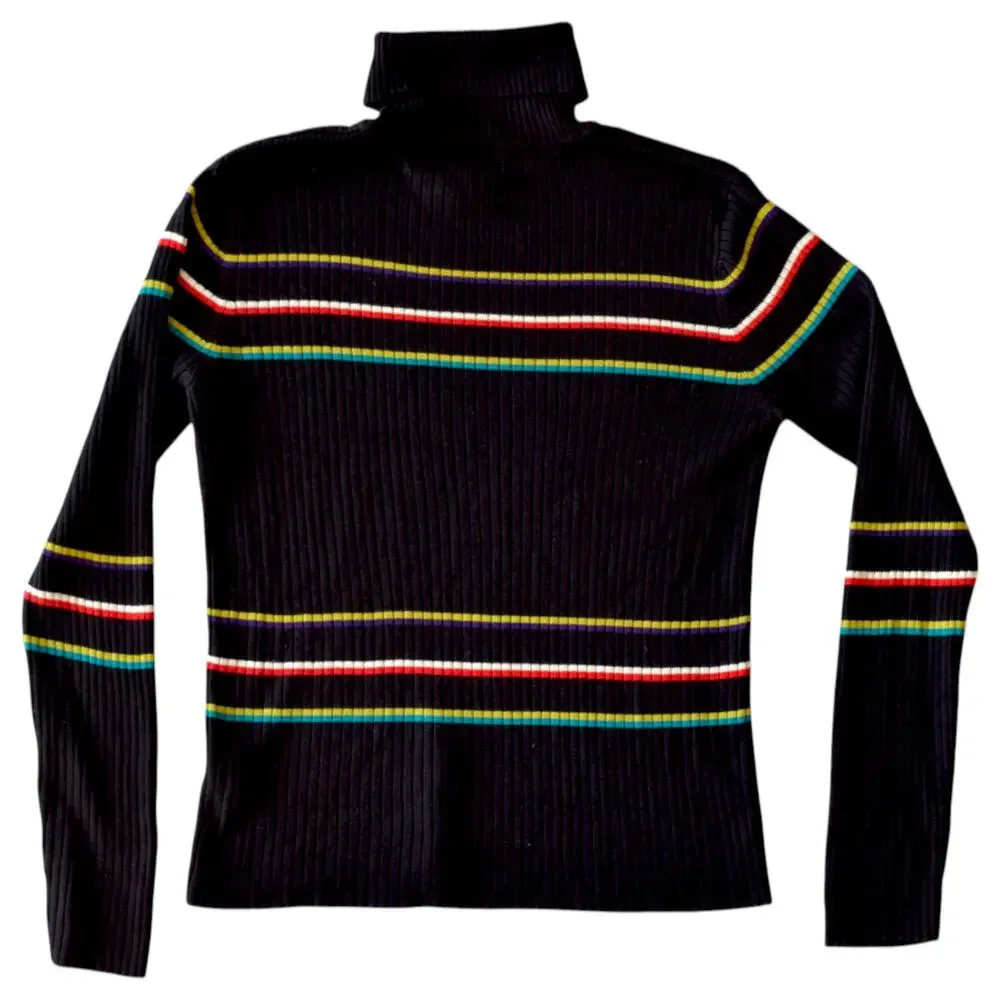 Vintage Evan Picone Striped Knit Turtleneck, Black & Colorful, Size Medium